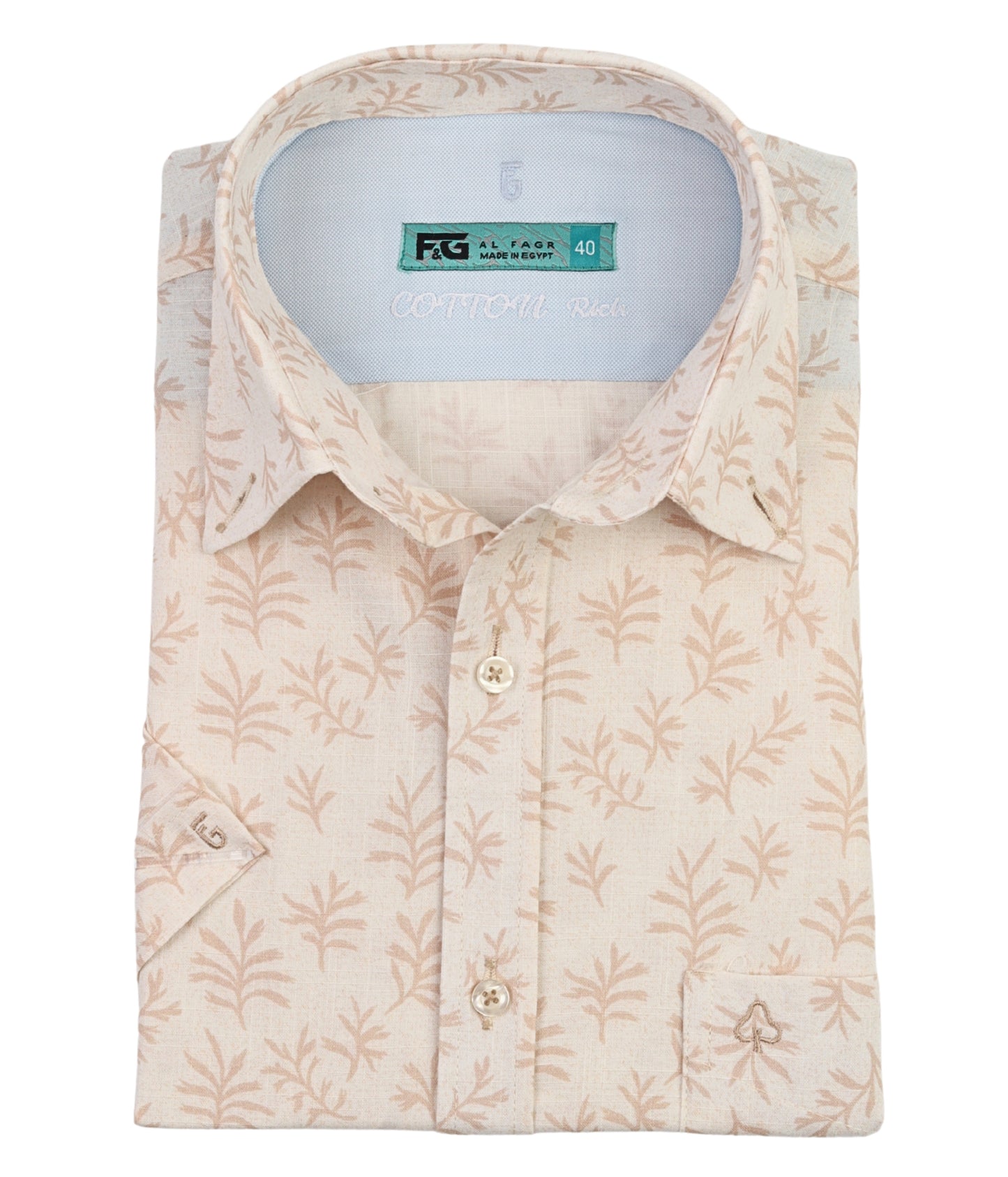 ALFAGR Signature 100% Cotton Beige Botanical Print short Sleeve Shirt