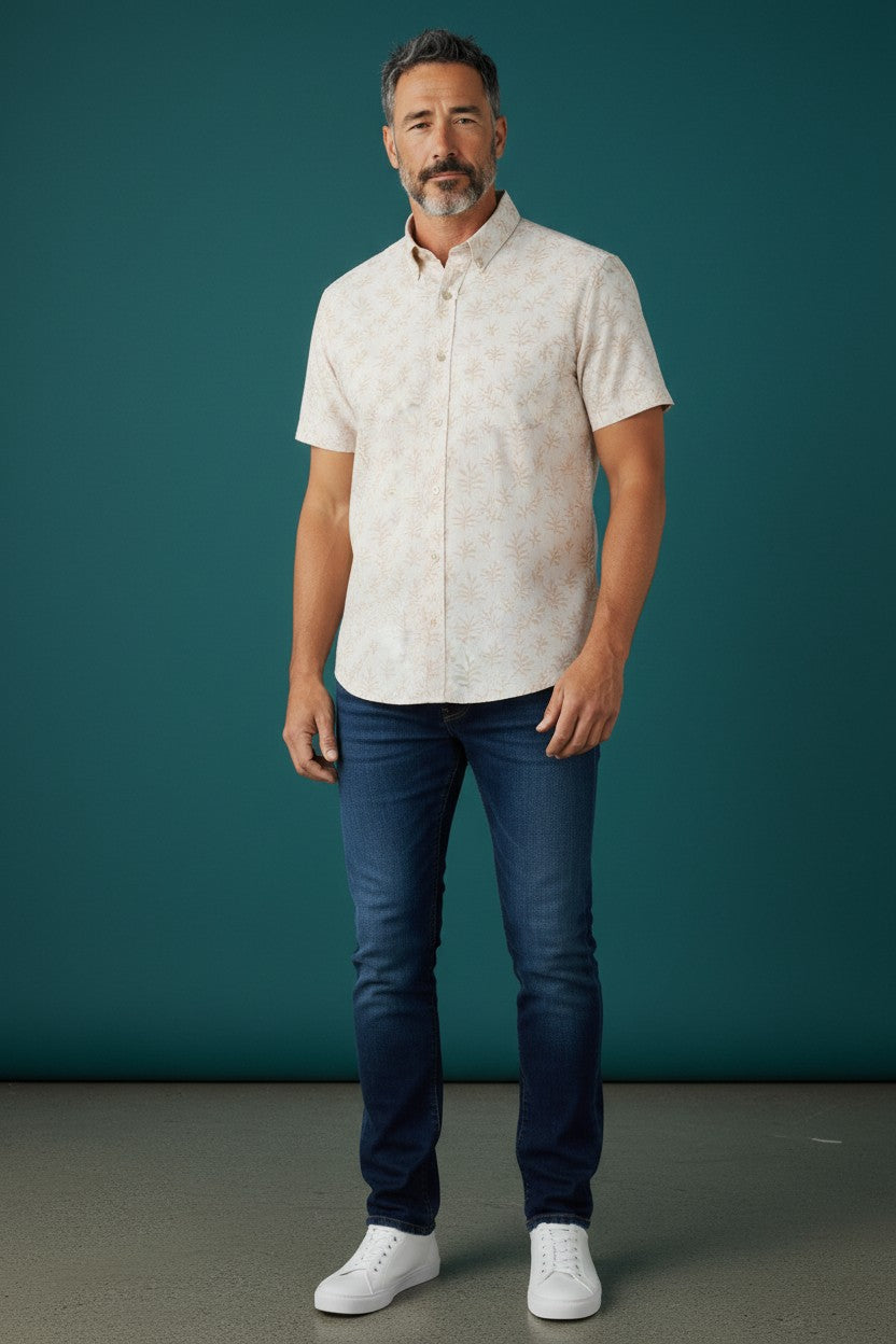 ALFAGR Signature 100% Cotton Beige Botanical Print short Sleeve Shirt