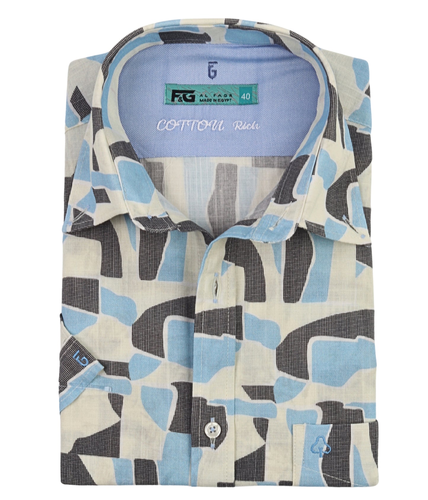 ALFAGR Signature 100% Cotton Blue Abstract Print Short Sleeve Shirt