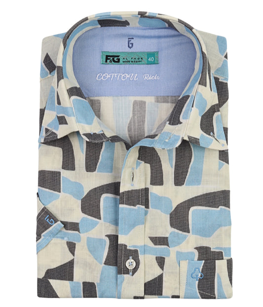 ALFAGR Signature 100% Cotton Blue Abstract Print Short Sleeve Shirt
