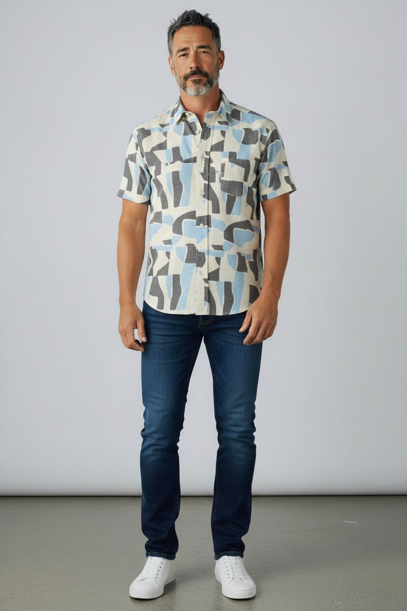 ALFAGR Signature 100% Cotton Blue Abstract Print Short Sleeve Shirt