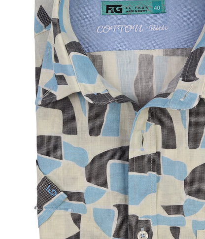 ALFAGR Signature 100% Cotton Blue Abstract Print Short Sleeve Shirt