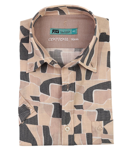 ALFAGR Signature 100% Cotton Beige Abstract Print Short Sleeve Shirt