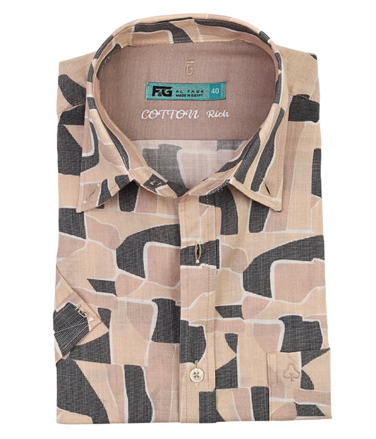 ALFAGR Signature 100% Cotton Beige Abstract Print Short Sleeve Shirt