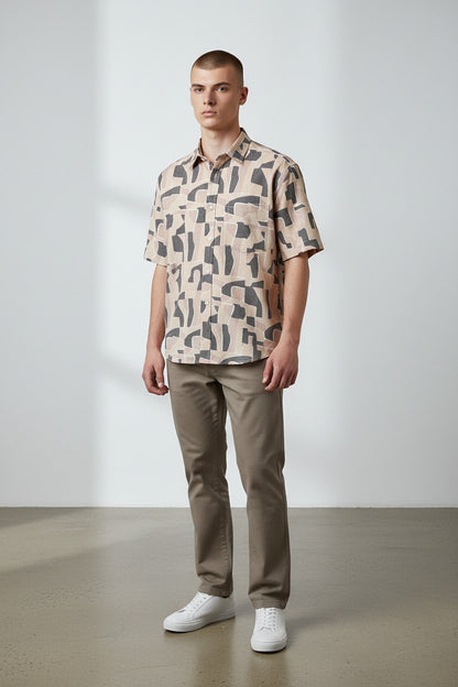 ALFAGR Signature 100% Cotton Beige Abstract Print Short Sleeve Shirt