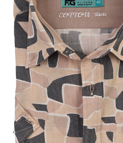 ALFAGR Signature 100% Cotton Beige Abstract Print Short Sleeve Shirt