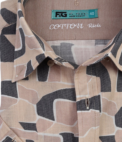 ALFAGR Signature 100% Cotton Beige Abstract Print Short Sleeve Shirt