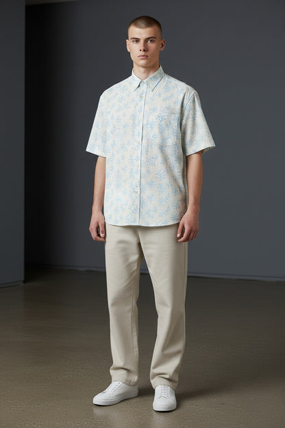 ALFAGR Riviera 100% Cotton Botanical Print Shirt – Sky Blue