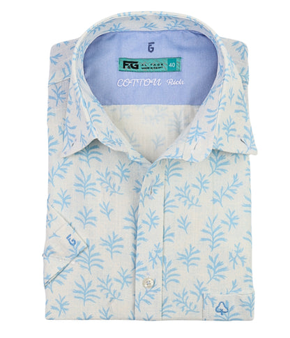ALFAGR Riviera 100% Cotton Botanical Print Shirt – Sky Blue